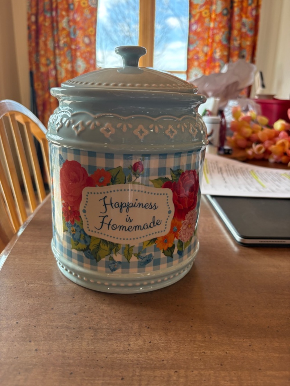 The Pioneer Woman Blue Floral "Happiness is Homemade" Ceramic Cookie Jar